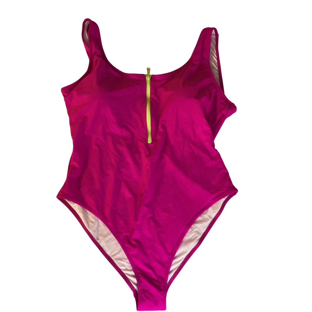 Chyrii Hot Pink One Piece Swimsuit Neon Yellow‎ Zip Front High Cut Bathing Suit